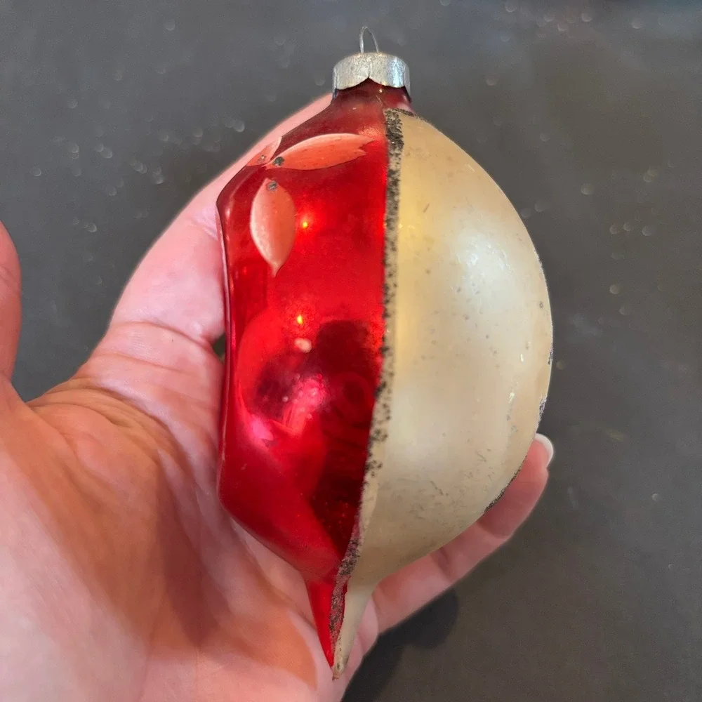 Vintage Hand Painted Indent Teardrop Red Gold Pink Floral Motif Glass Ornament